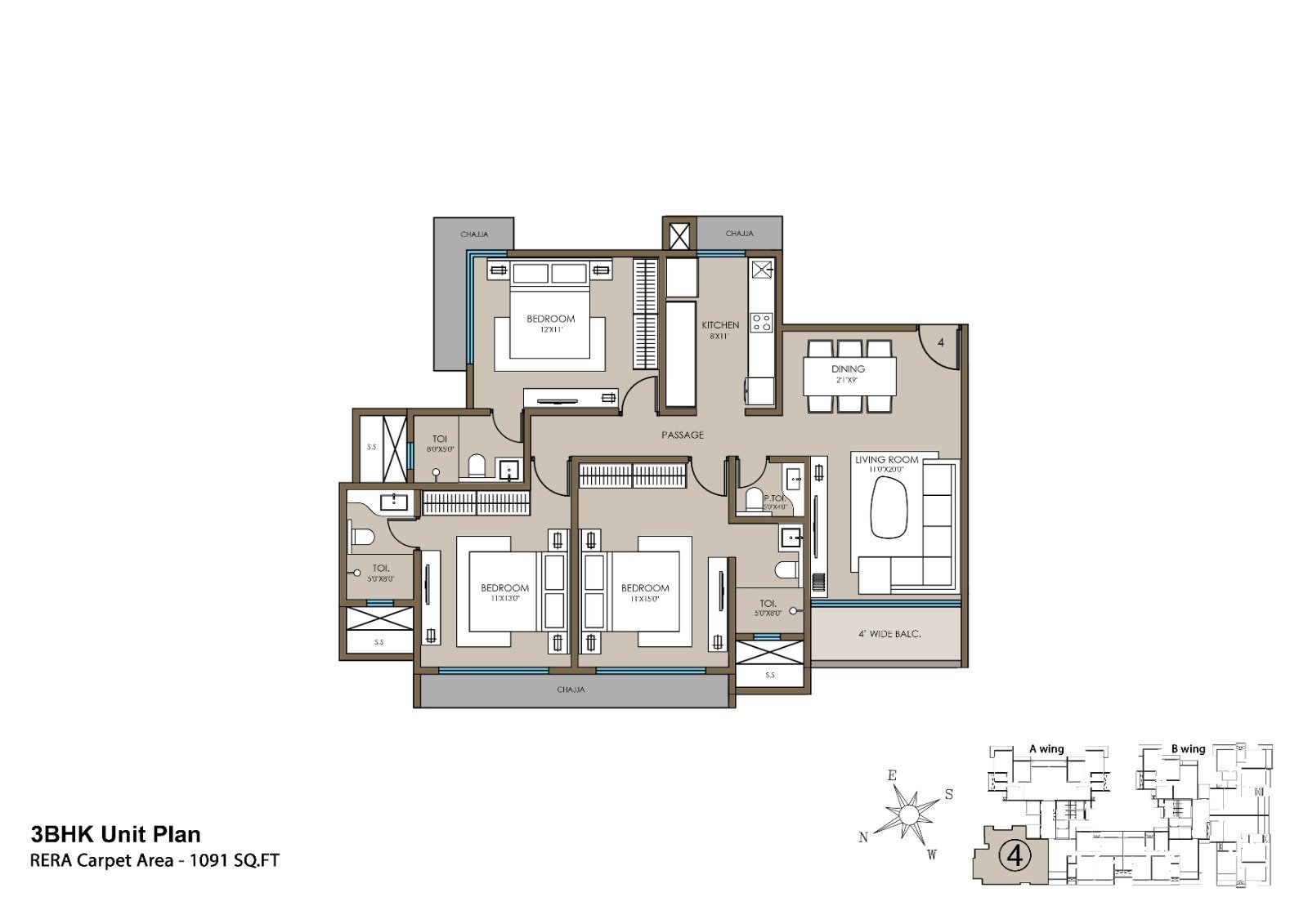 3 BHK Type A Floor Plan